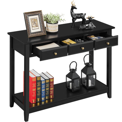 Topeakmart 3-Drawer Wooden Console Table Entryway Table with Storage Shelf Pine Wood Legs, Black