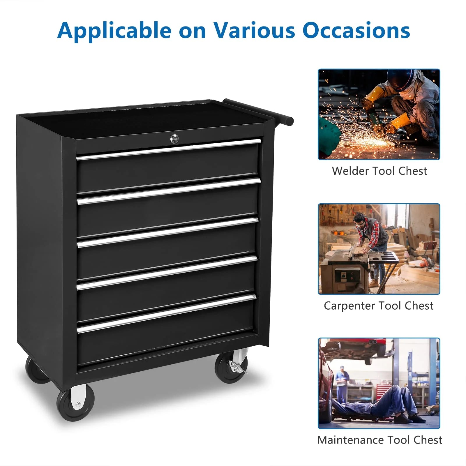 POVANLI 5 Drawers Rolling Tool Chest Cabinet with Wheels, Tool Storage Cabinet and Tool Box Organizer for Garage Warehouse Workshop, Black