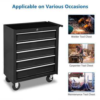POVANLI 5 Drawers Rolling Tool Chest Cabinet with Wheels, Tool Storage Cabinet and Tool Box Organizer for Garage Warehouse Workshop, Black