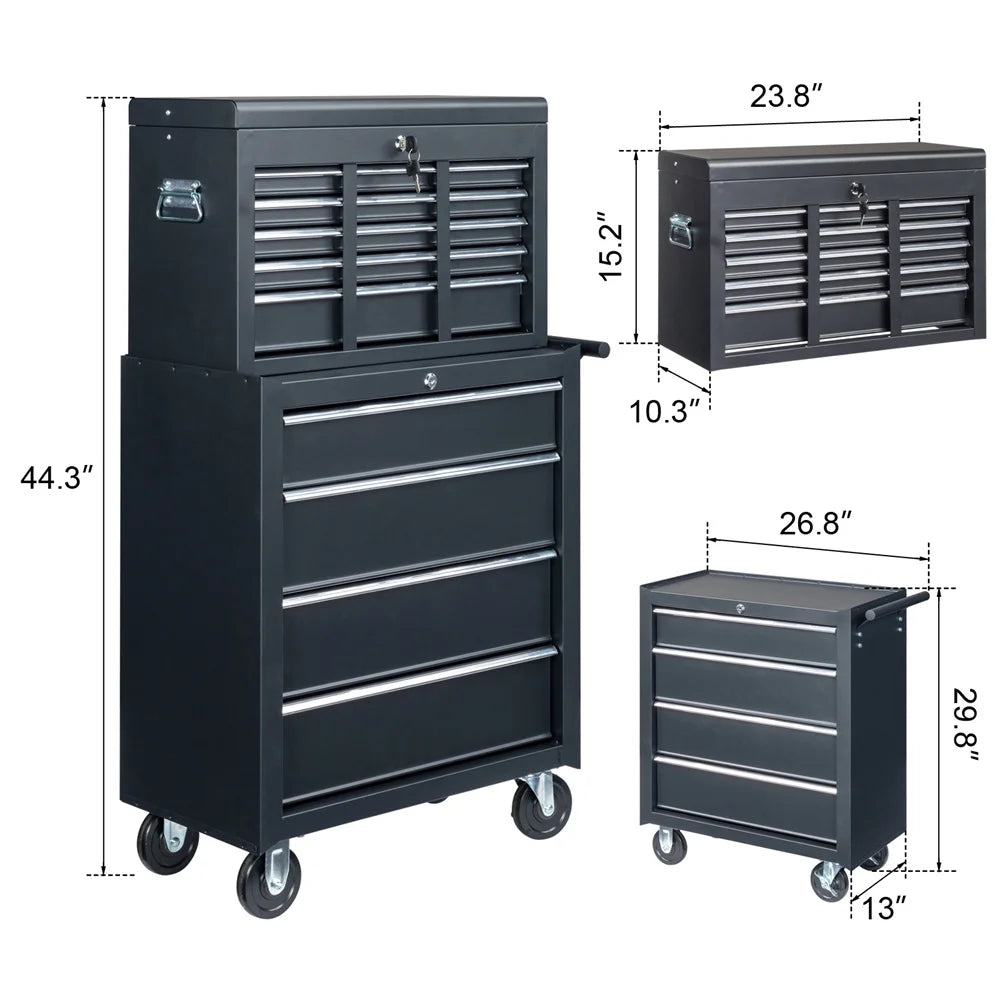 Tcbosik Combined Metal Tool Chest, 9 Drawers Rolling Tool Chest on Wheels, 2 in 1 Detachable Tool Cabinet for Warehouse Garage Workshop, Black