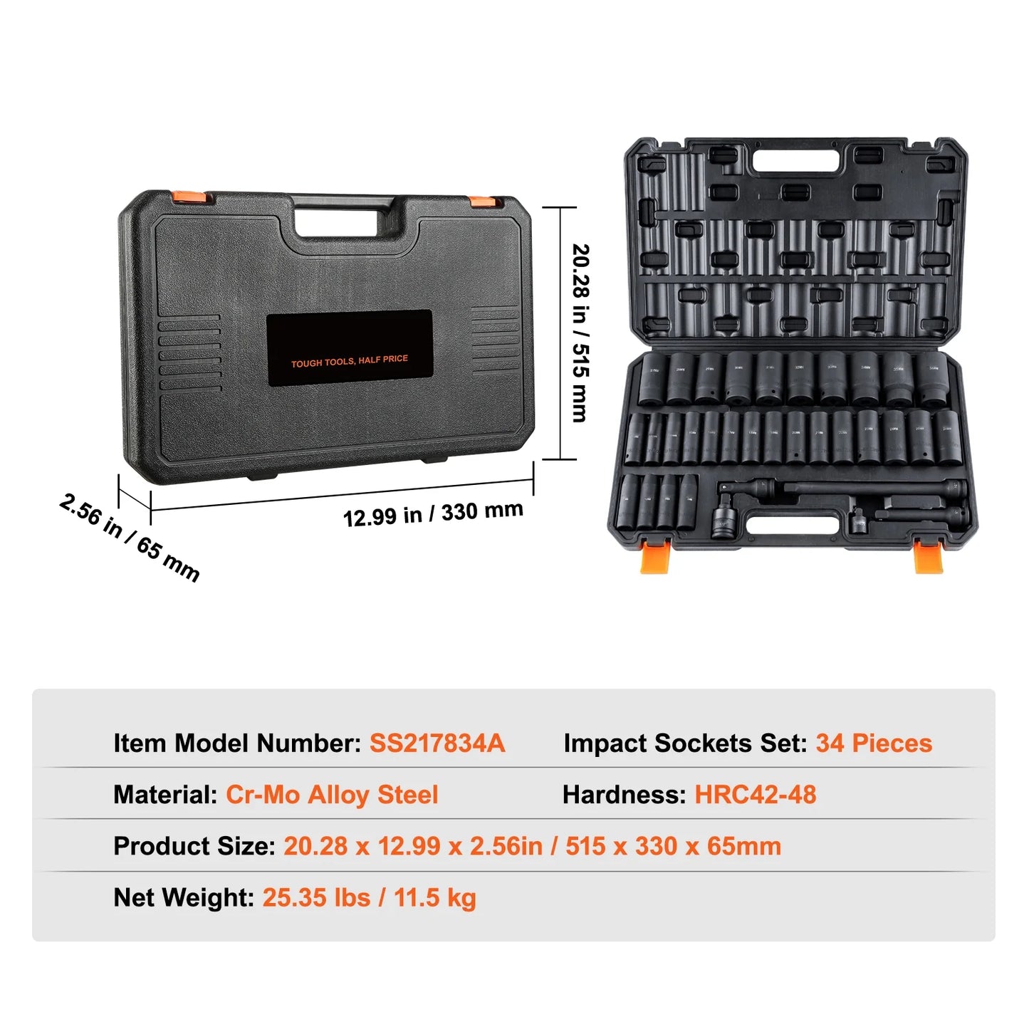BENTISM 1/2" Drive Impact Socket Set, 34 Piece Socket Set Metric 8-36mm, 6 Point Cr-MO Alloy Steel for Auto Repair, Includes Adapters & Ratchet Handle & Storage Case