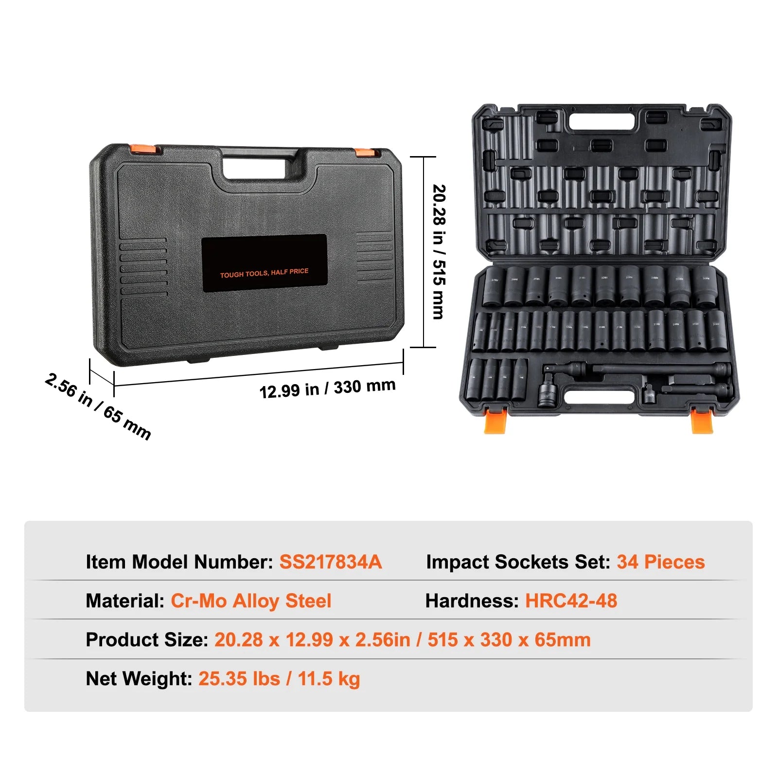 BENTISM 1/2" Drive Impact Socket Set, 34 Piece Socket Set Metric 8-36mm, 6 Point Cr-MO Alloy Steel for Auto Repair, Includes Adapters & Ratchet Handle & Storage Case