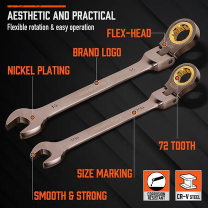 24PC Flex-Head Ratcheting Wrench Set Metric & SAE w/Organizer 8-19mm 1/4"-7/8"