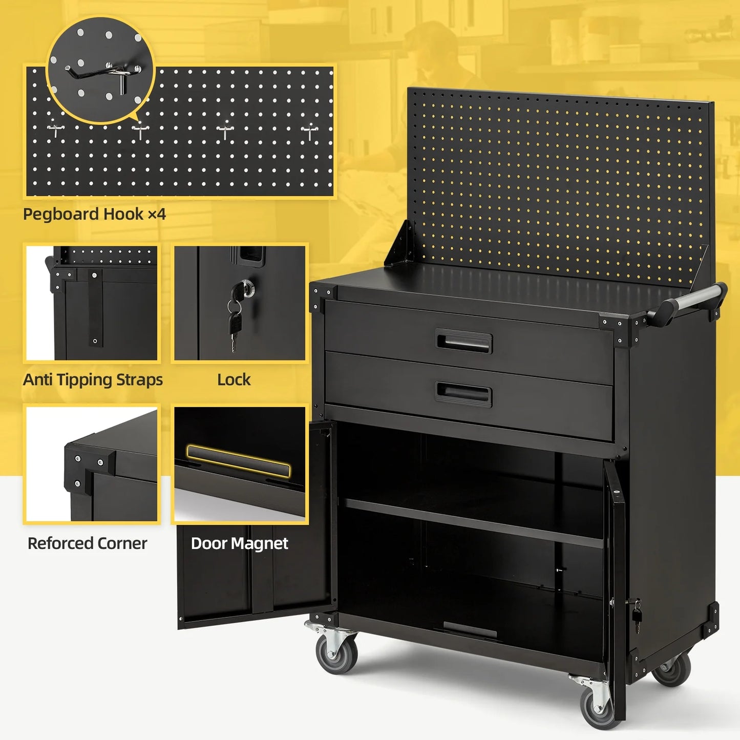 AECOJOY Metal Steel Mobile Tool Cart with Storage Drawer Tool Chest On Wheels Tool Box Garage Organizer for Workshop Warehouse Garage, Black Handle