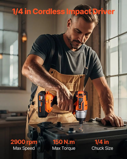 Tool Combo Kit Max 20V Cordless 2-Tool Set with 1/2 in Drill, 1/4 in Impact Driver, Brushless Motor, LED Light, and 2.0Ah Batteries for Professional DIY, Renovation, Repair, and Construction