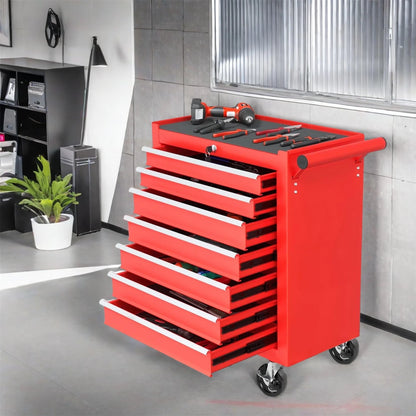 Aukfa Tool Chest, 24.5 in 7-Drawer Steel Rolling Tool Box on Wheels for Workshop Garage, Red