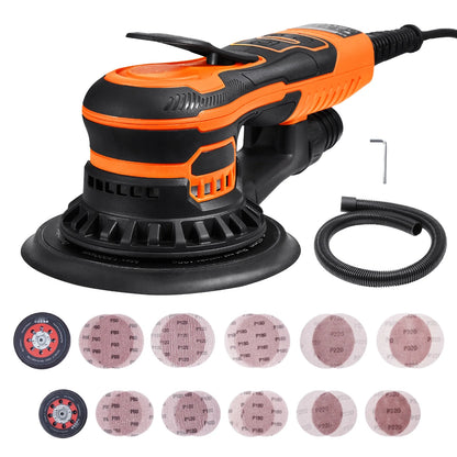 KFFKFF Dual-Size Orbital Sander,5 & 6-Inch,350W Brushless,10,000 PRM with 6 Adjustable Speeds, Electric Hand Sander.Comes with 20 Sandpapers,Dust Connector & Hose. Ideal for Detailed Woodwork Sanding