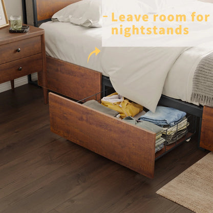 HAUSOURCE Queen Size Bed Frame with Headboard and 4 Storage Drawers LED Platform Bed Frame with Charging Station Rustic Brown