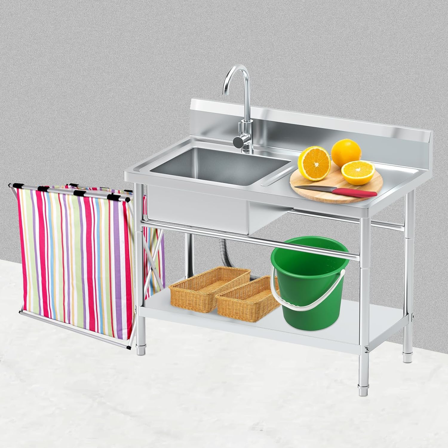 Stainless Steel Utility Sink kitchen Sink Free Standing Single Plumbing Workbench Storage Commercial Sink