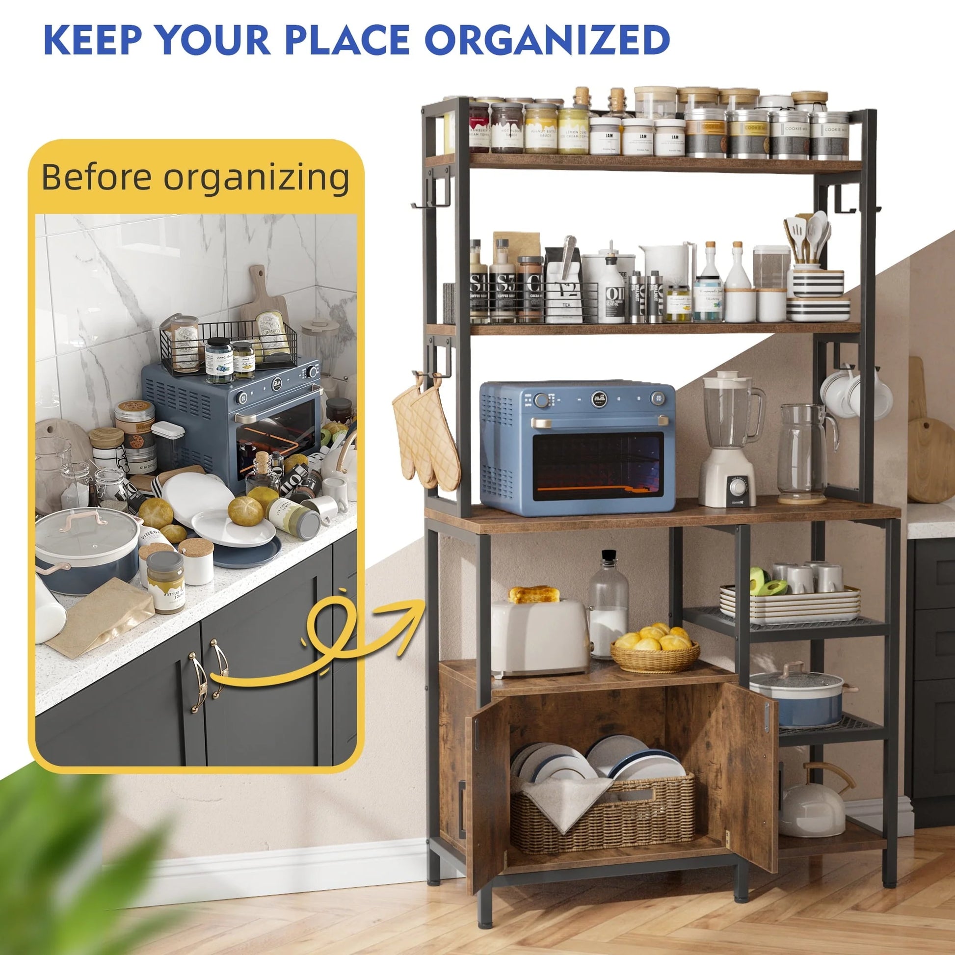 EnHomee 6 Tier Kitchen Bakers Rack Microwave Oven Stand with Storage Coffee Bar with Shelves Cabinet Hooks, 29.5" W * 13.9" D * 63" H Rustic Brown