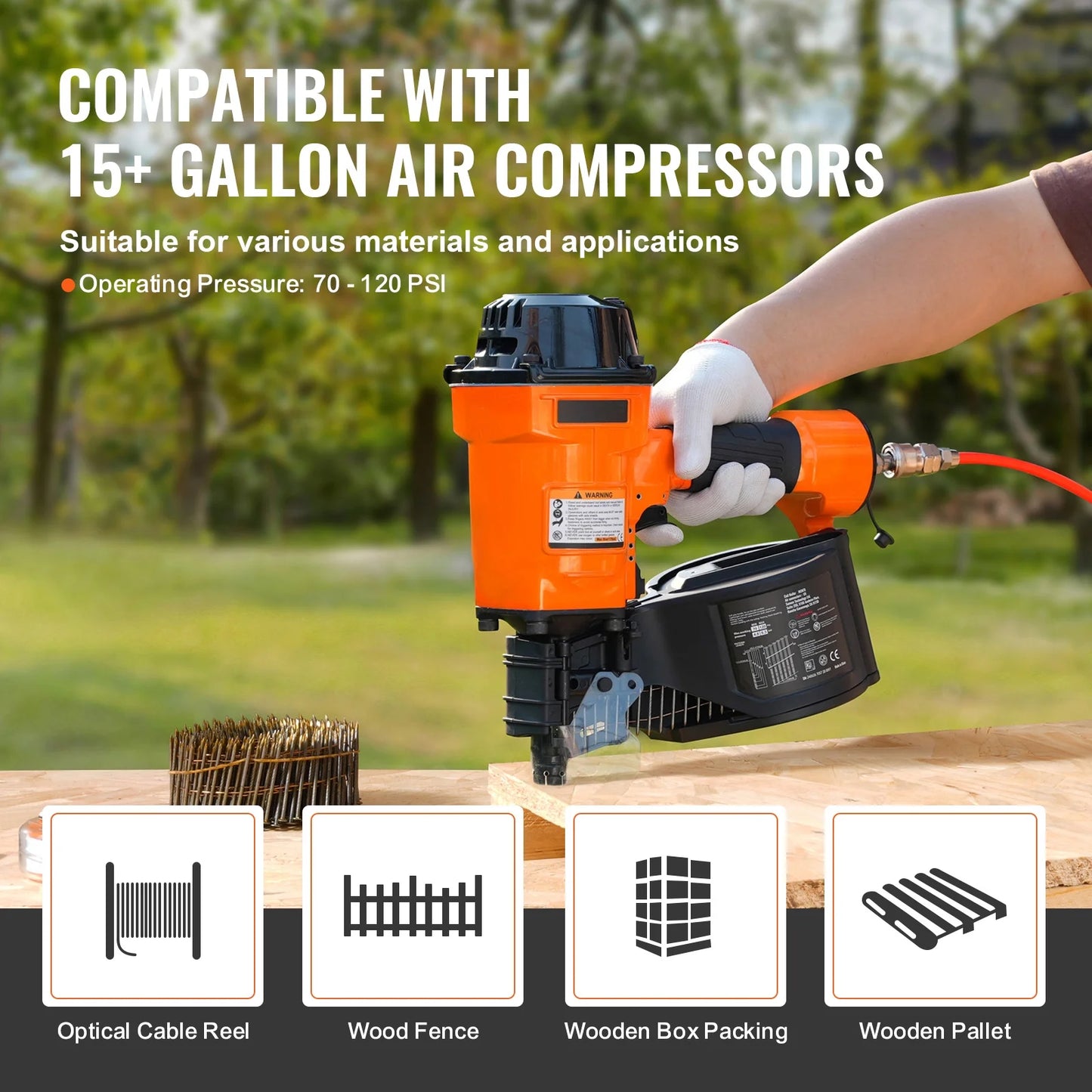 KFFKFF Pneumatic Coil Siding Nailer MCN70, Compatible with 1-3/4" to 2-3/4" Nails, 15 Degree Angle, 70-120PSI, Ideal for Pallets, Crates, Frames, Siding & Fences