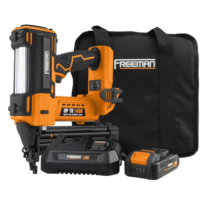 Freeman PE20VBR50 20 Volt Cordless 18-Gauge 2" Brad Nailer Kit with Lithium Ion Battery, Charger, Bag, and Nails (500 Count) - 1400 Shots per Charge