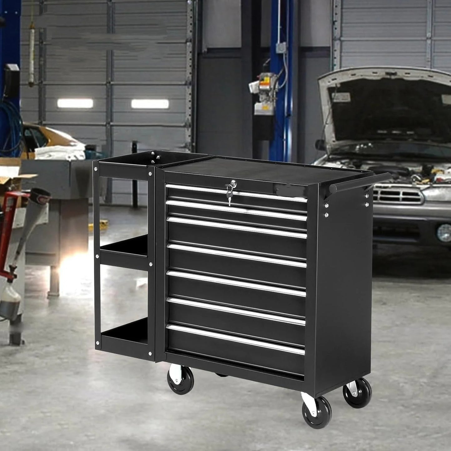 Ktaxon 7-Drawer Rolling Tool Chest with Side Shelves, Tool Storage Side Cabinet w/Lockable Wheels, for Warehouse Garage Repair Shop