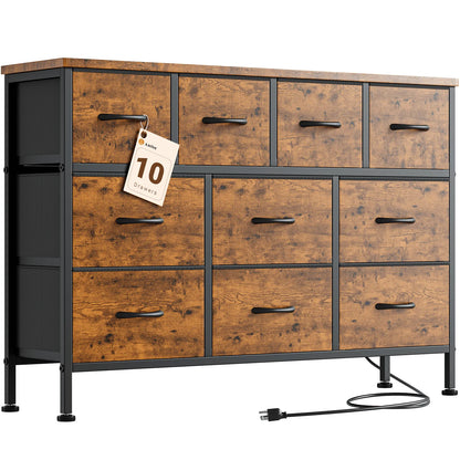 GIKPAL Dresser TV Stand, 10 Drawer Dresser for Bedroom with Power Outlet, Chest of Drawers for 55" Long TV, Fabric Dresser for Storage and Organization, Brown