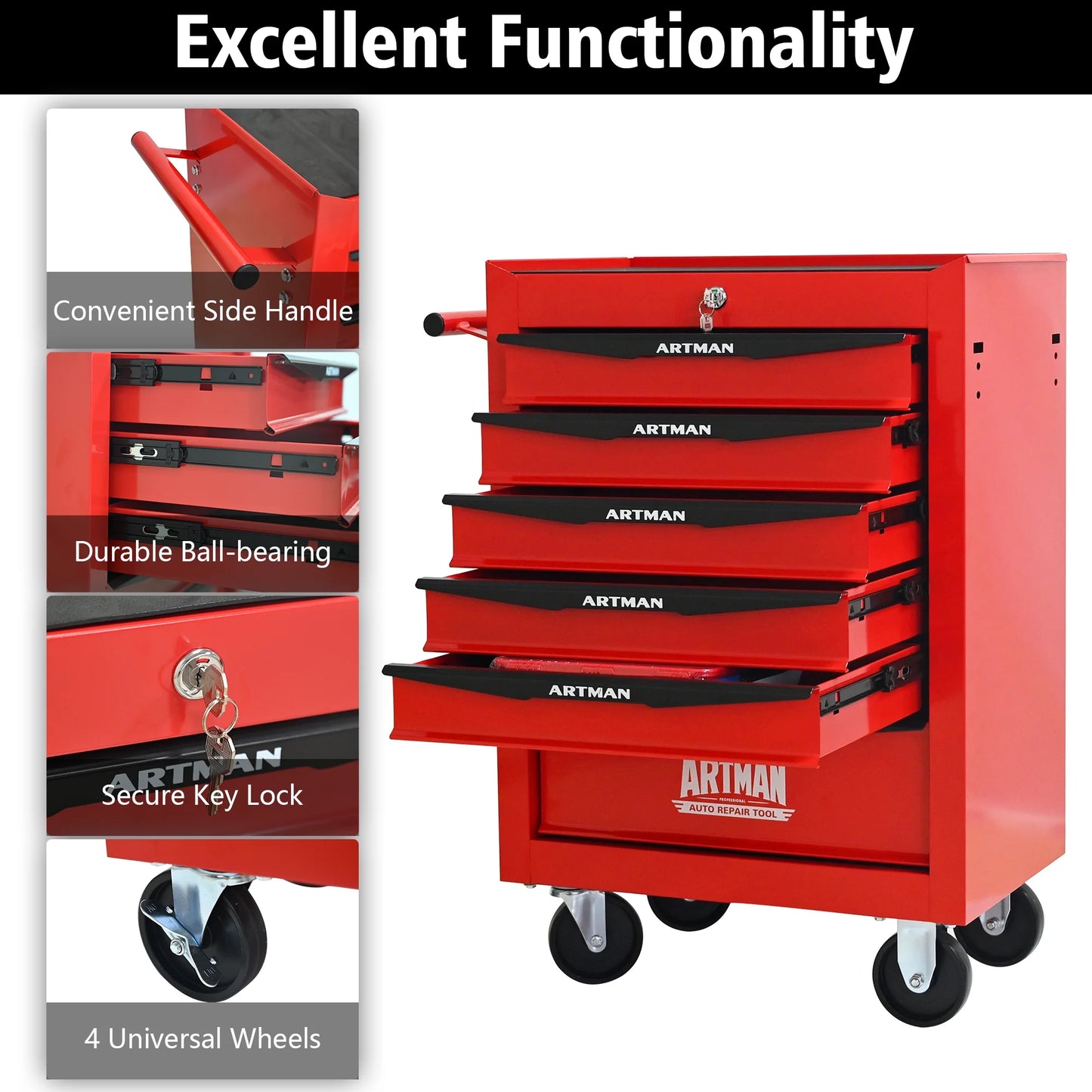 NIGSQJB 30.5"H Rolling Tool Chest Cart with 6 Drawers, 7 Small Tool Boxes Organizers, Lockable Tool Cabinet Storage with Wheels for Garage, Warehouse,Workshop, Repair Shop, DIY, Red