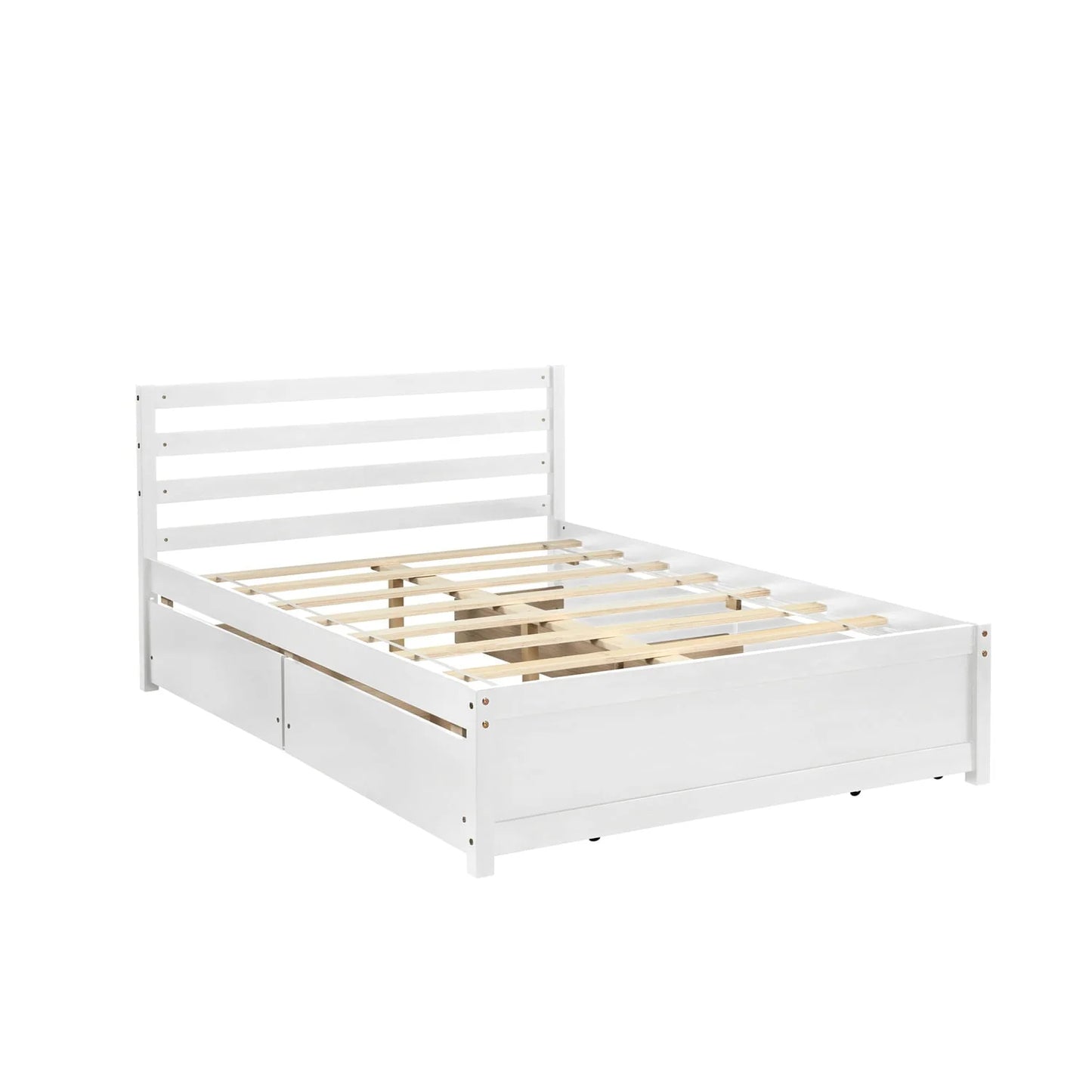 Full Size Platform Bed with 4 Storage Drawers, Solid Wood Bed Frame with Headboard and Slat Support, Storage Bed Frame for Kids Adults Bedroom, Easy Assembly, White