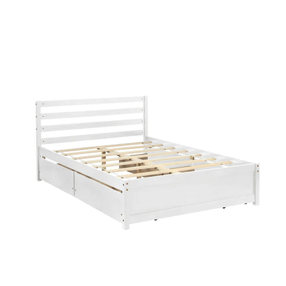 Full Size Platform Bed with 4 Storage Drawers, Solid Wood Bed Frame with Headboard and Slat Support, Storage Bed Frame for Kids Adults Bedroom, Easy Assembly, White