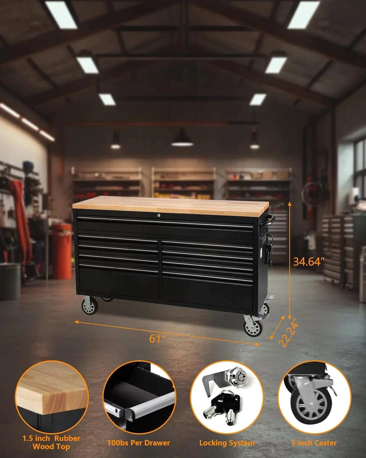 M optimized 61" Rolling Tool Chest with 9 Drawers, Lockable Tool Cabinet with Wheels, Mobile Workbench for Garage and Workshop Storage, Large Rolling Tool Chest