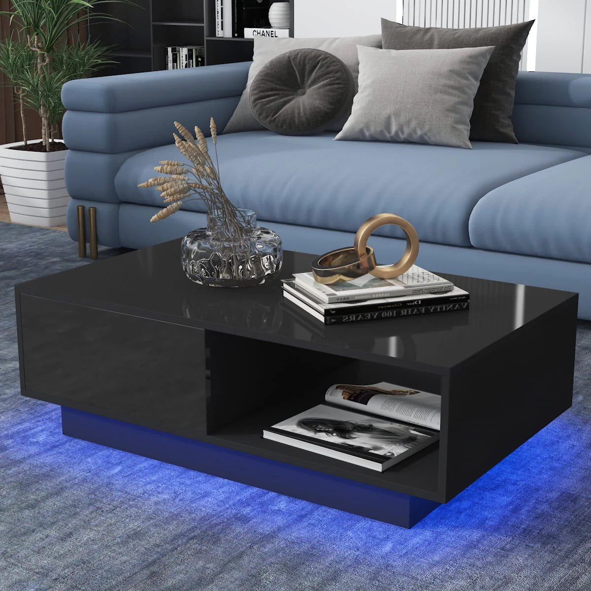 Hommpa High Gloss Black Coffee Table with 2 Drawers LED Sofa Side End Tea Table Modern Living Room Furniture with Storage Space