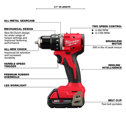 Milwaukee VIPRB-3601-21P 18V, Cordless 5 in Drill Driver, 2 Ah, 550 in lbs 1700 RPM