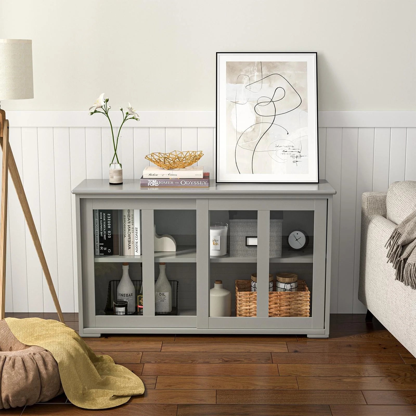 Giantex Stackable Buffet Cabinet, Kitchen Storage Cabinet with Sliding Tempered Glass Doors, Small Sideboard for Kitchen, Dining Room or Living Room, Grey