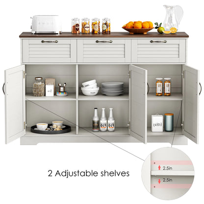 Homfa 53.5'' 3 Drawer Kitchen Buffet Cabinet with Adjustable Shelves, Wood Storage Cabinet with 3 Doors for Dining Room, White