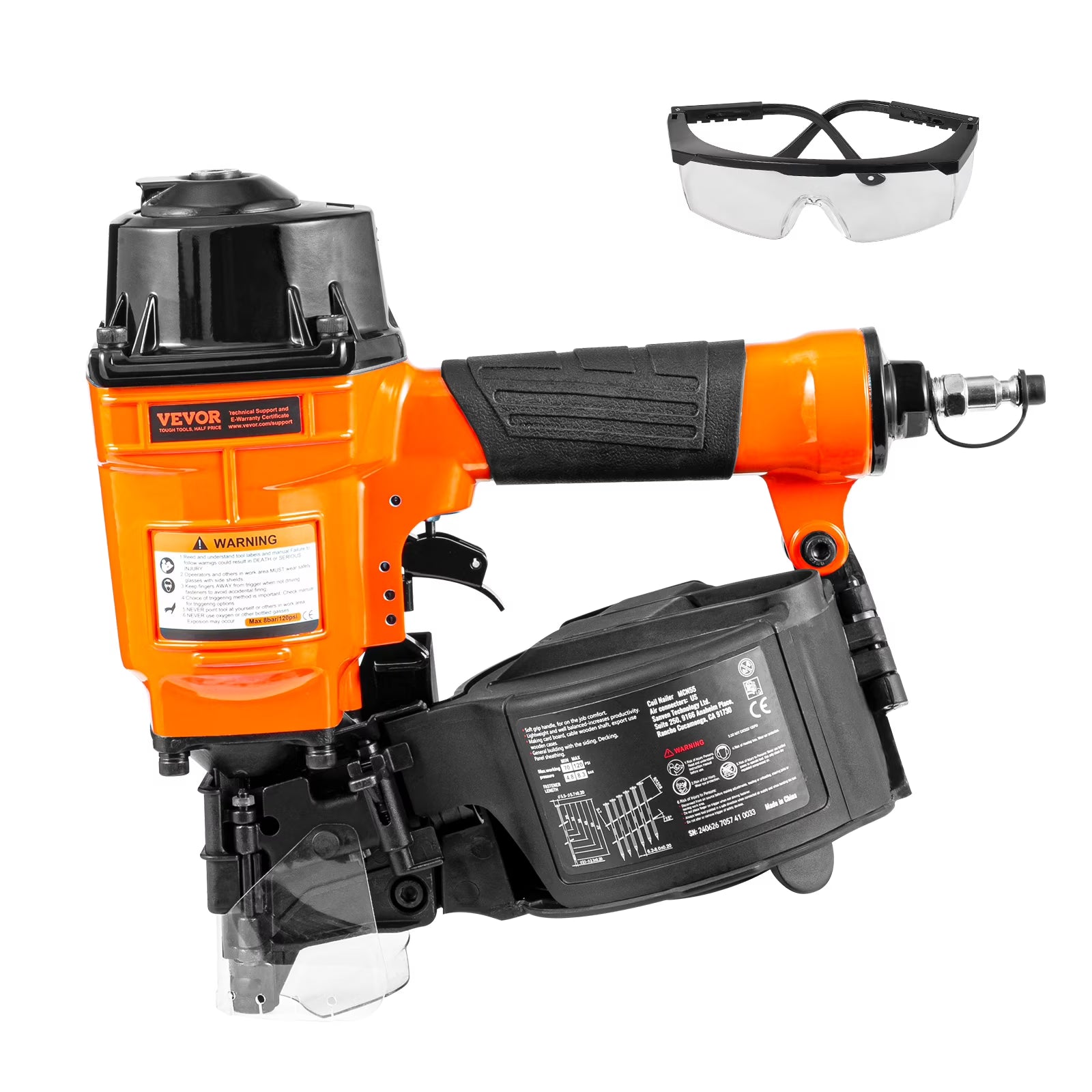 VEVOR Coil Siding Nailer MCN55, 1 inch to 2-1/4 inch 15 Degree Pneumatic Siding Nail Gun, 70-120PSI Air Coil Nailer for Siding, Pallet Sheathing, Fencing, Decking