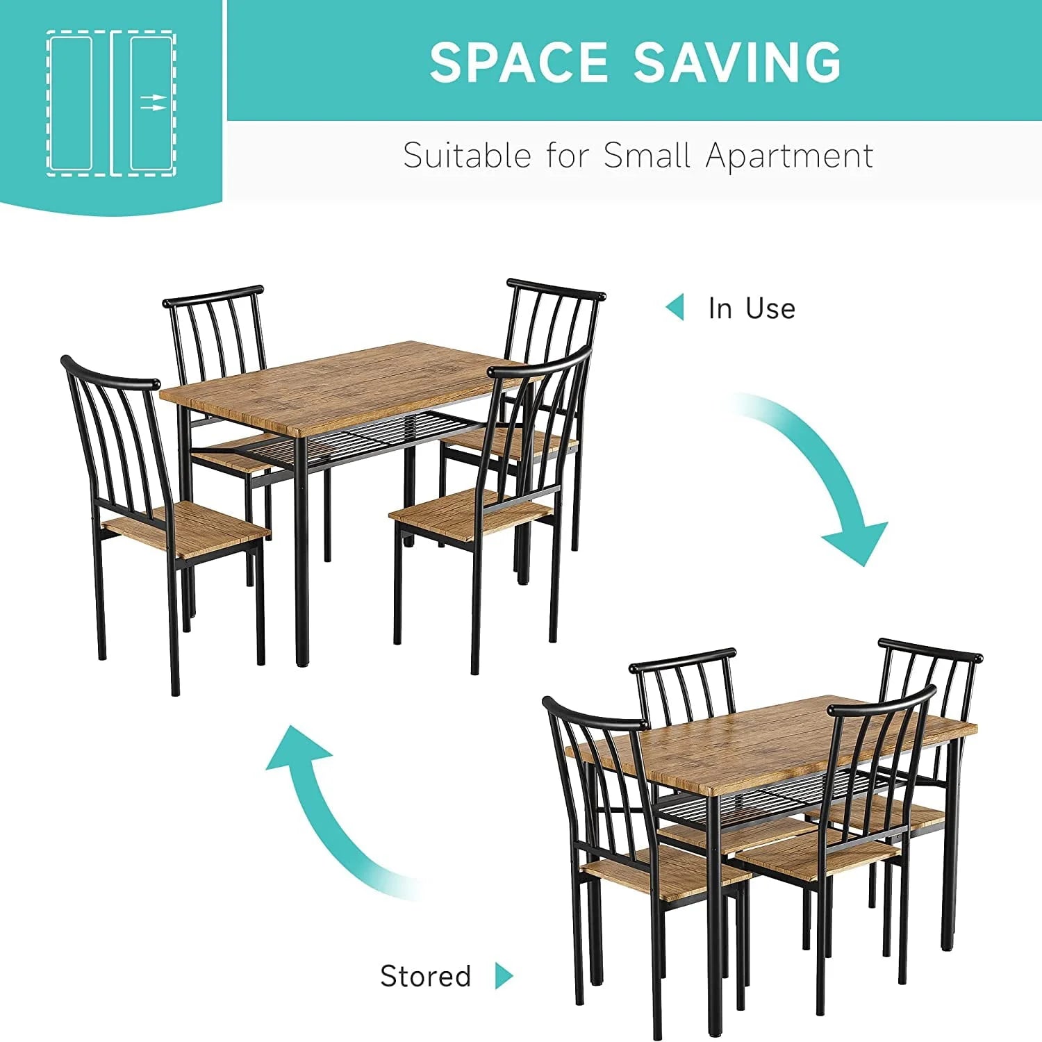 Katidap Dining Table Set for 4 Metal and Wood Indoor Modern Rectangular 5-Piece Dining Table Furniture Set with Storage Rack for Dining Room, Kitchen, Dinette(Rustic Brown)