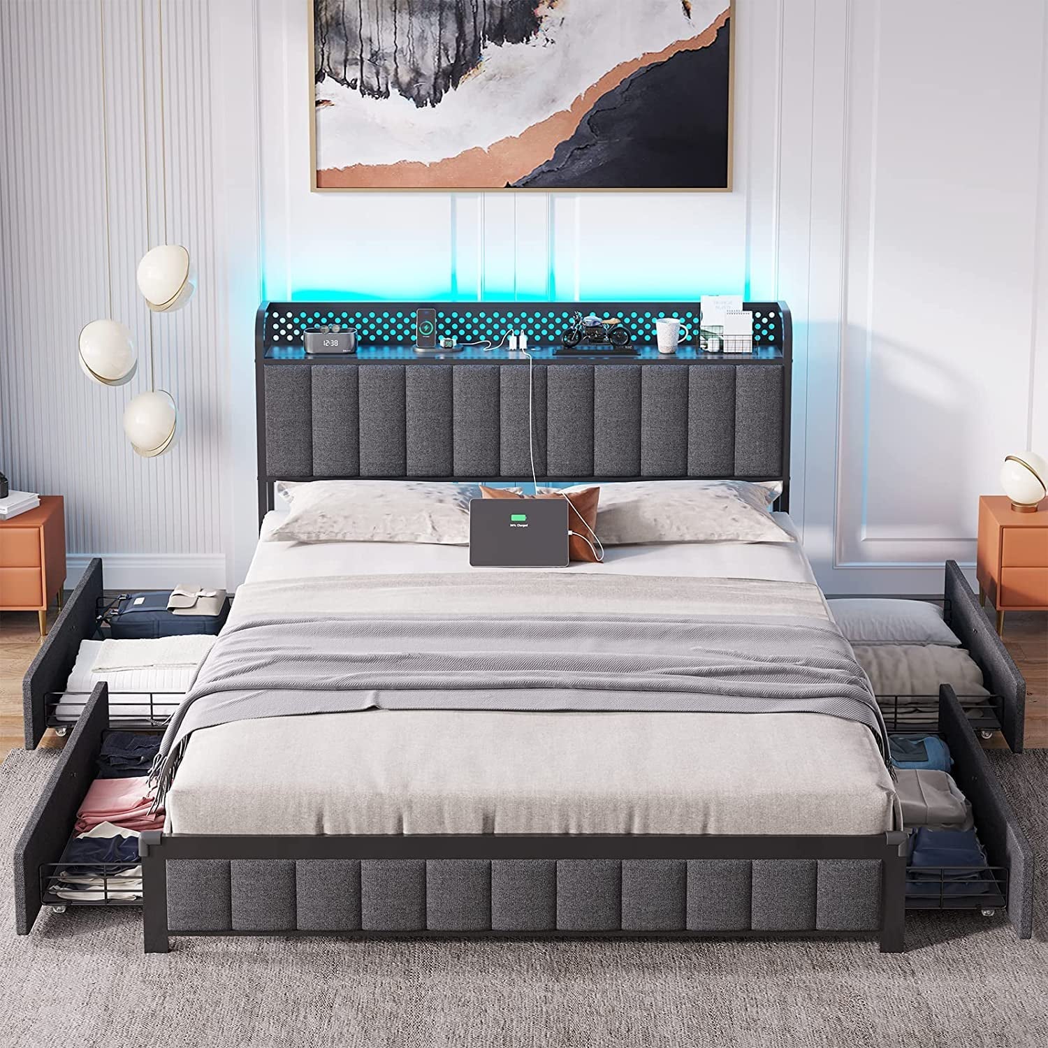 Tiptiper Queen Bed Frame with Storage Headboard, LED Bed Frame with Drawers, Upholstered Metal Platform Bed with USB Ports and Charging Outlets, No Squeak, Vertical Channel Tufting, Dark Gray