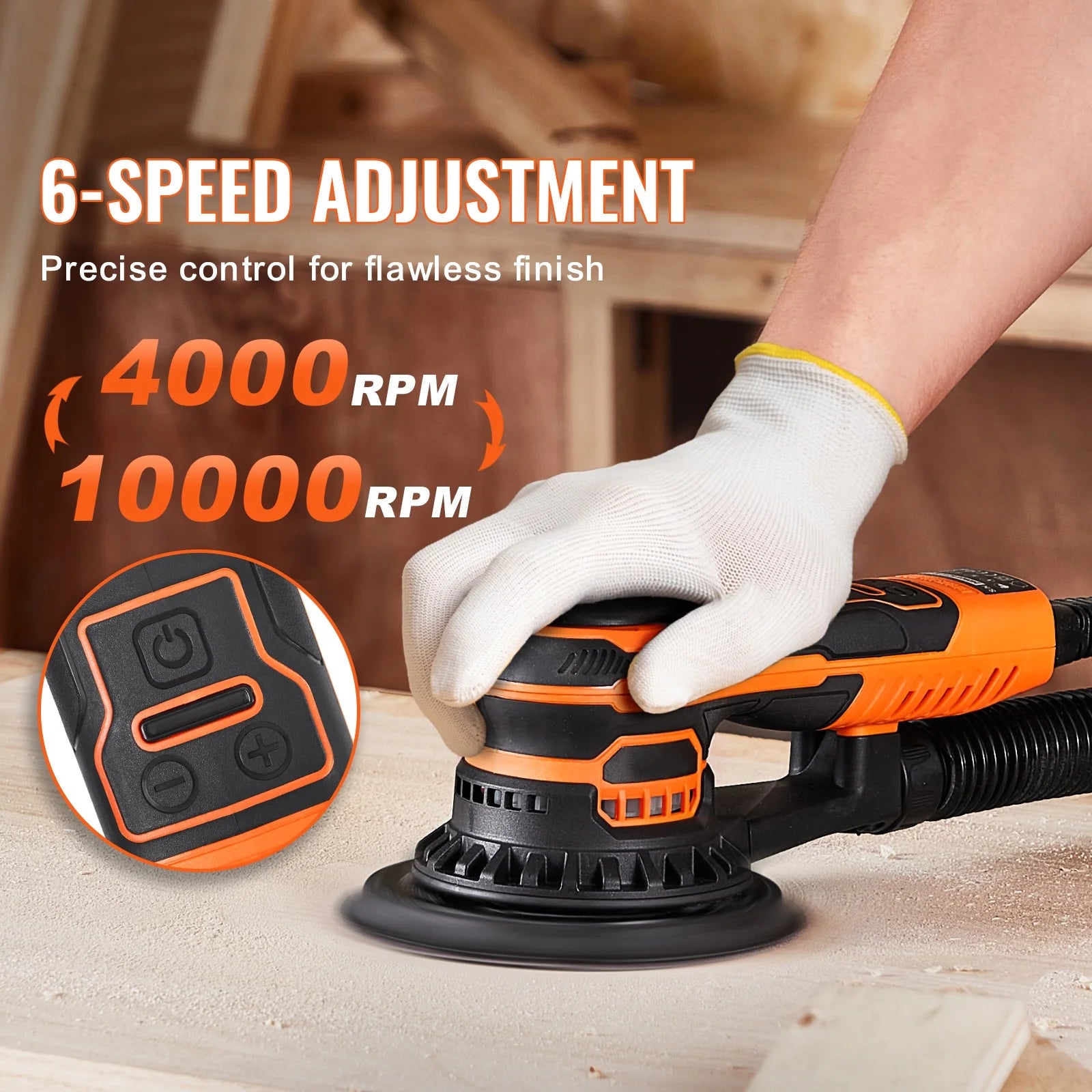 KFFKFF Dual-Size Orbital Sander,5 & 6-Inch,350W Brushless,10,000 PRM with 6 Adjustable Speeds, Electric Hand Sander.Comes with 20 Sandpapers,Dust Connector & Hose. Ideal for Detailed Woodwork Sanding