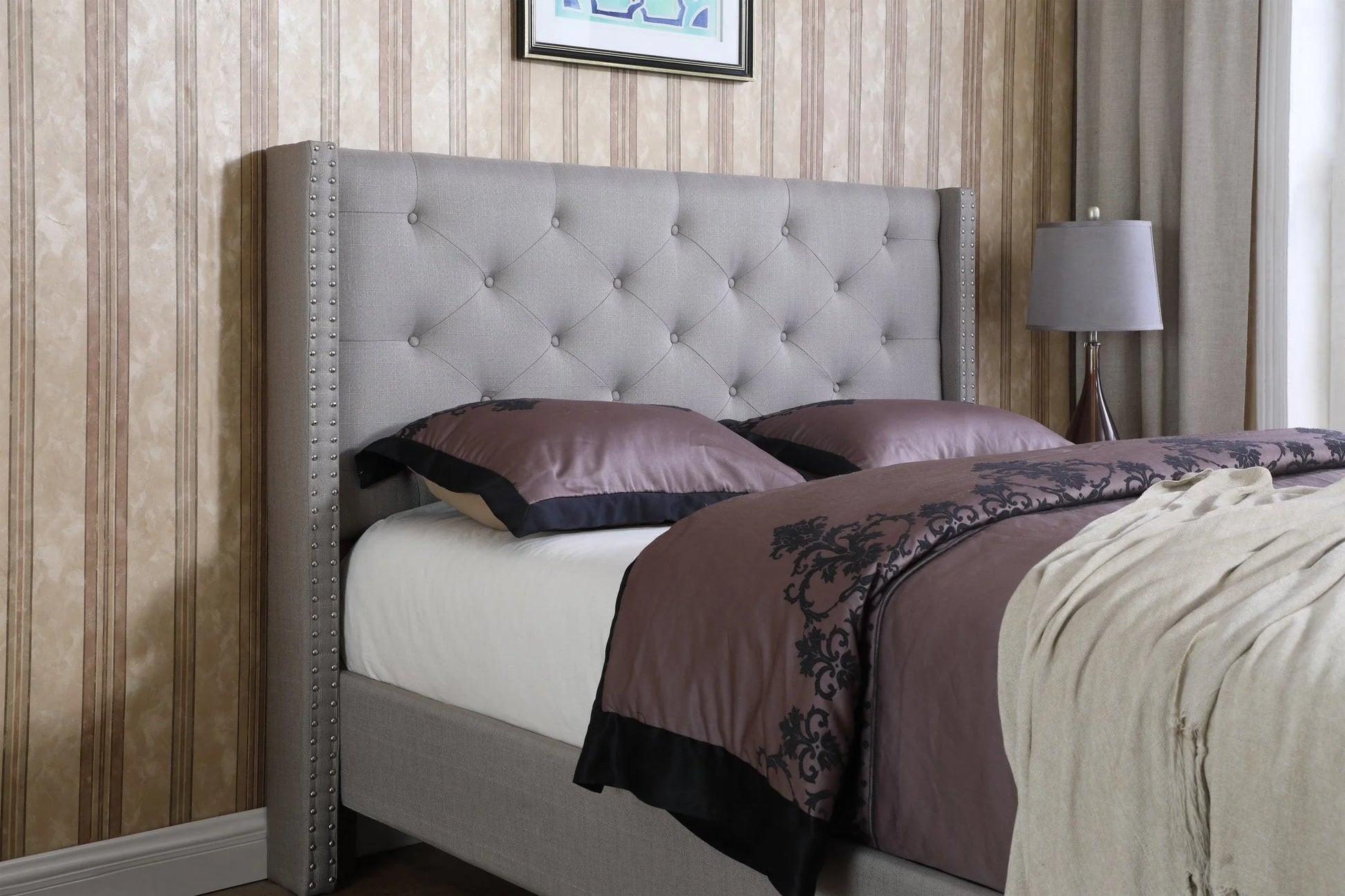 Full Size Upholstered Platform Bed Frame with 51" Tall Headboard - Button Tufted Cloth Bed - Wood Slat Support with Storage Space- No Box Spring Needed- Easy Assembly- Gray - OLIVER & SMITH