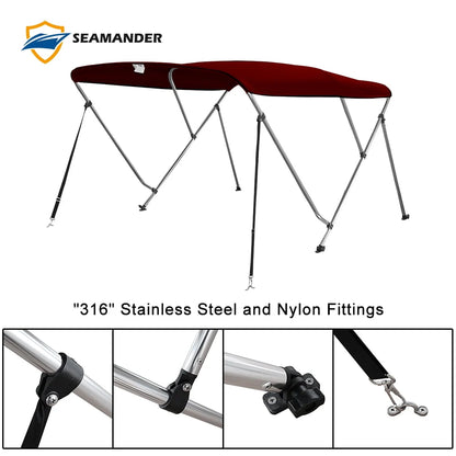 Seamander 3 Bow Bimini Top Boat Cover with Rear Support Pole and Storage Boot, Burgundy