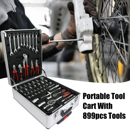 Seizeen 899PCS Tool Set Professional, Mobile Tool box on Wheels with Handle, Mechanics Tool Set W/Hand Tool, Ratchets& Socket Set, Screwdriver Set, 4-layer Tool Case & Tool Kit COMB, Silver