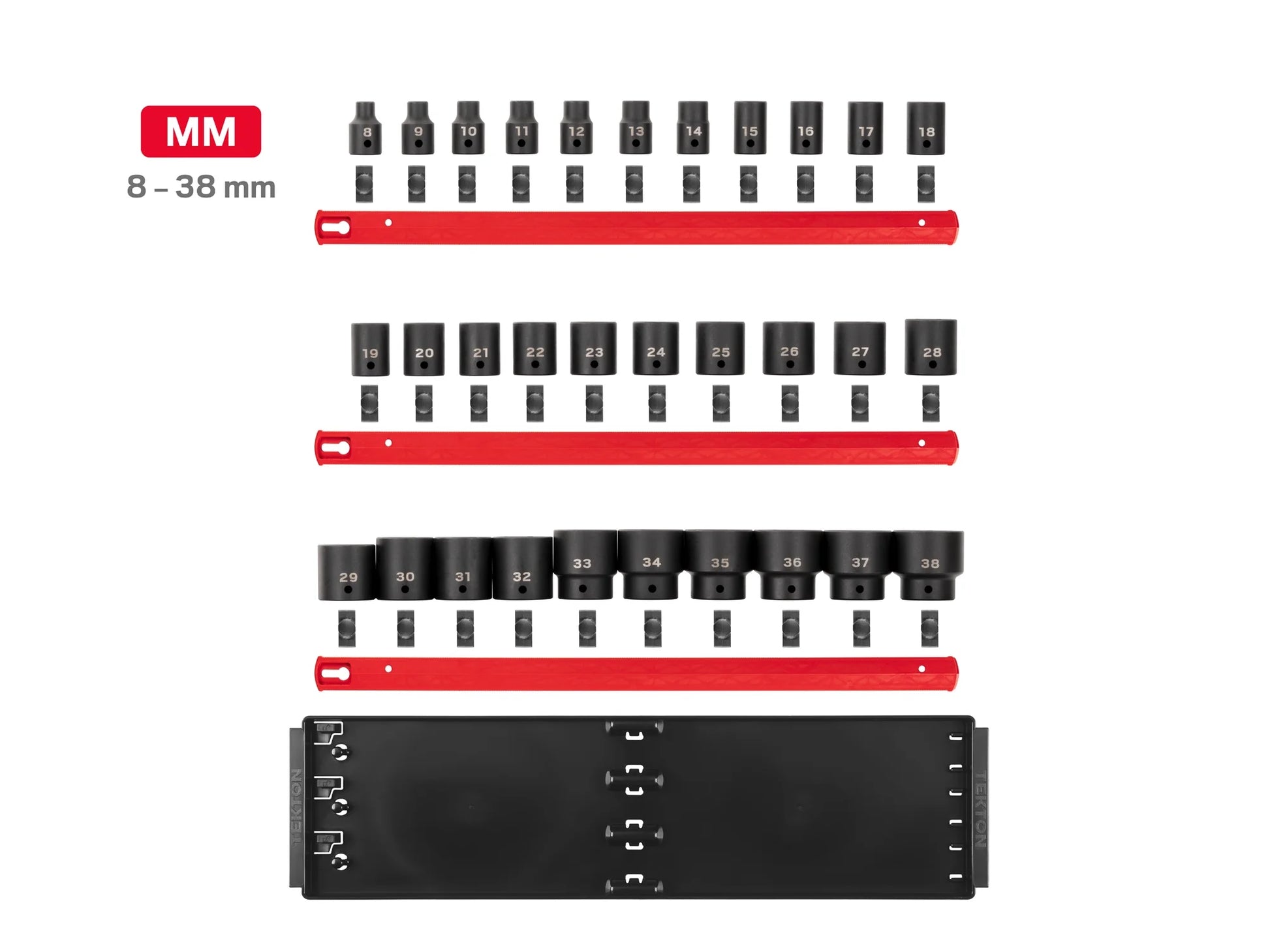 TEKTON 1/2 Inch Drive 6-Point Impact Socket Set with Rails, 31-Piece (8-38 mm) | SID92104