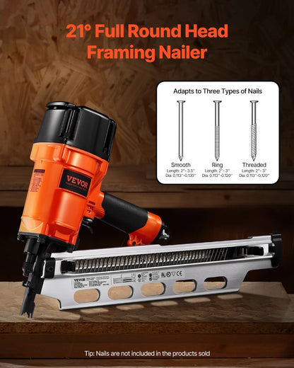 VEVOR Framing Nailer, 2" to 3-1/2" 21 Degree Full Round Head Pneumatic Framing Nailer with Dual Trigger Modes & Tool-Less Depth Adjustment, 80-120PSI Pro Air Nail Gun for Framing Flooring Decking