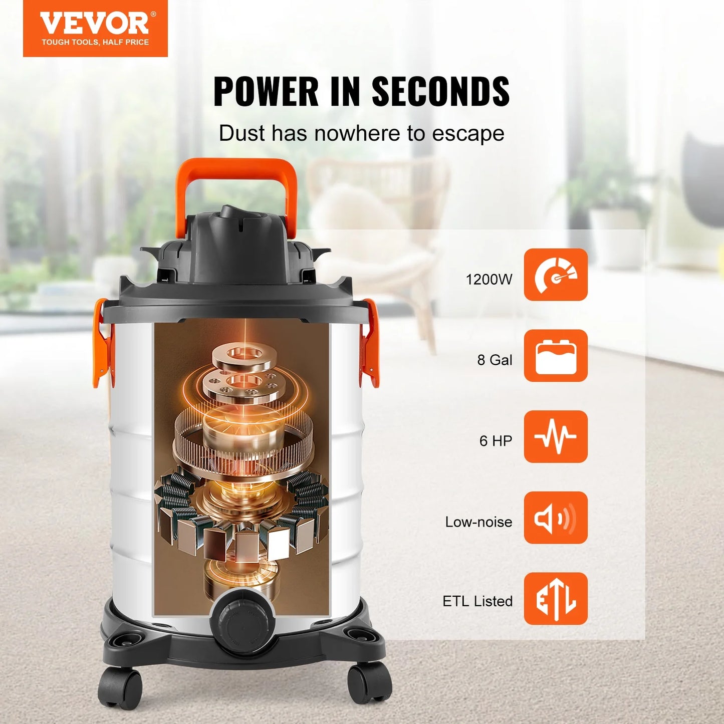 VEVOR Stainless Steel Wet Dry Shop Vacuum, 8 Gallon 6 Peak HP Wet/Dry Vac, Powerful Suction with Blower Function w/Attachment 2-in-1 Crevice Nozzle, Small Shop Vac Perfect for Carpet Debris
