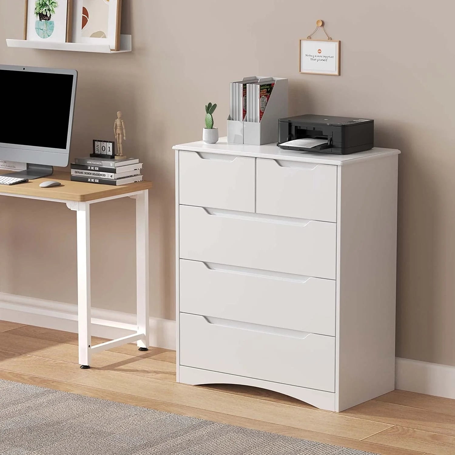 Dresser for Bedroom, Lofka 5 Storage Drawer Chest and Organizer with Cutout Handles for Bedroom, White