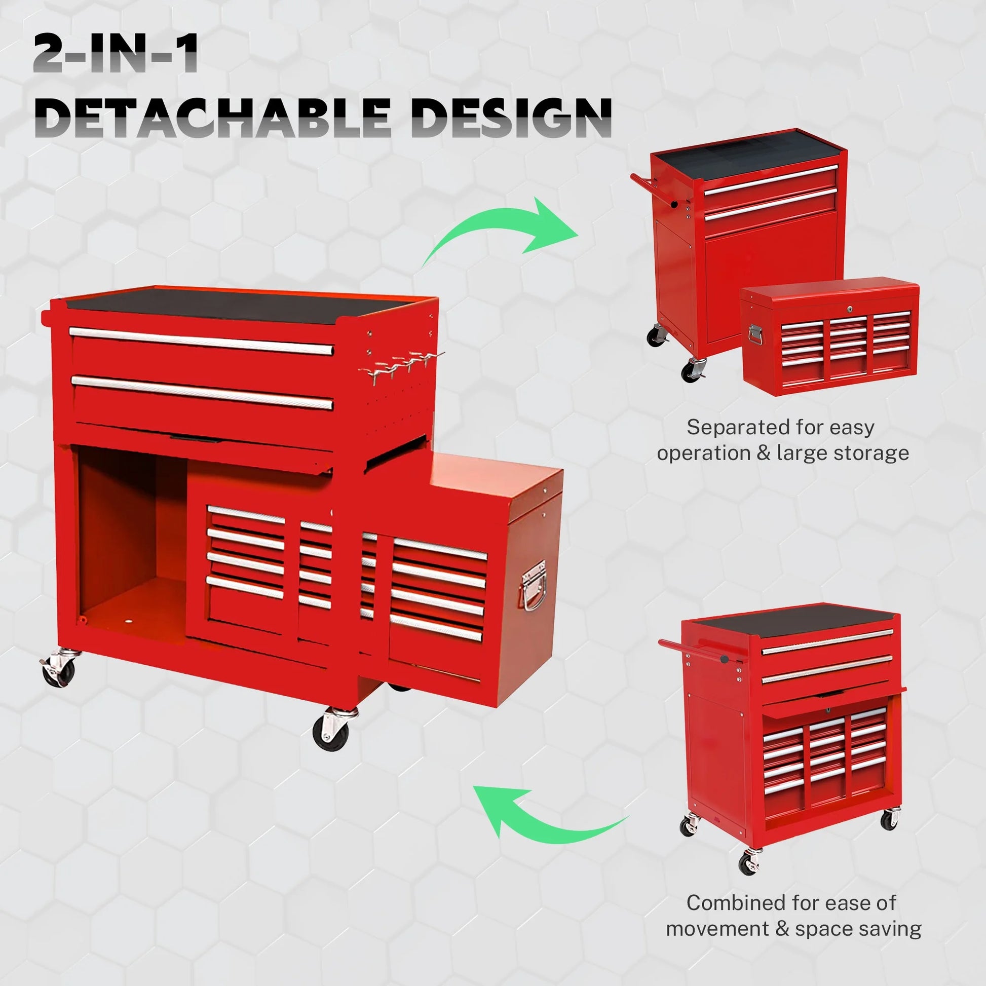 8-Drawer Rolling Tool Chest, 2-IN-1 Tool Chest and Cabinet Stainless Steel, Removable Tool Box Organizer On Wheels Large Cabinet and Sliding Drawers for Garage Workstation Workshop, Red
