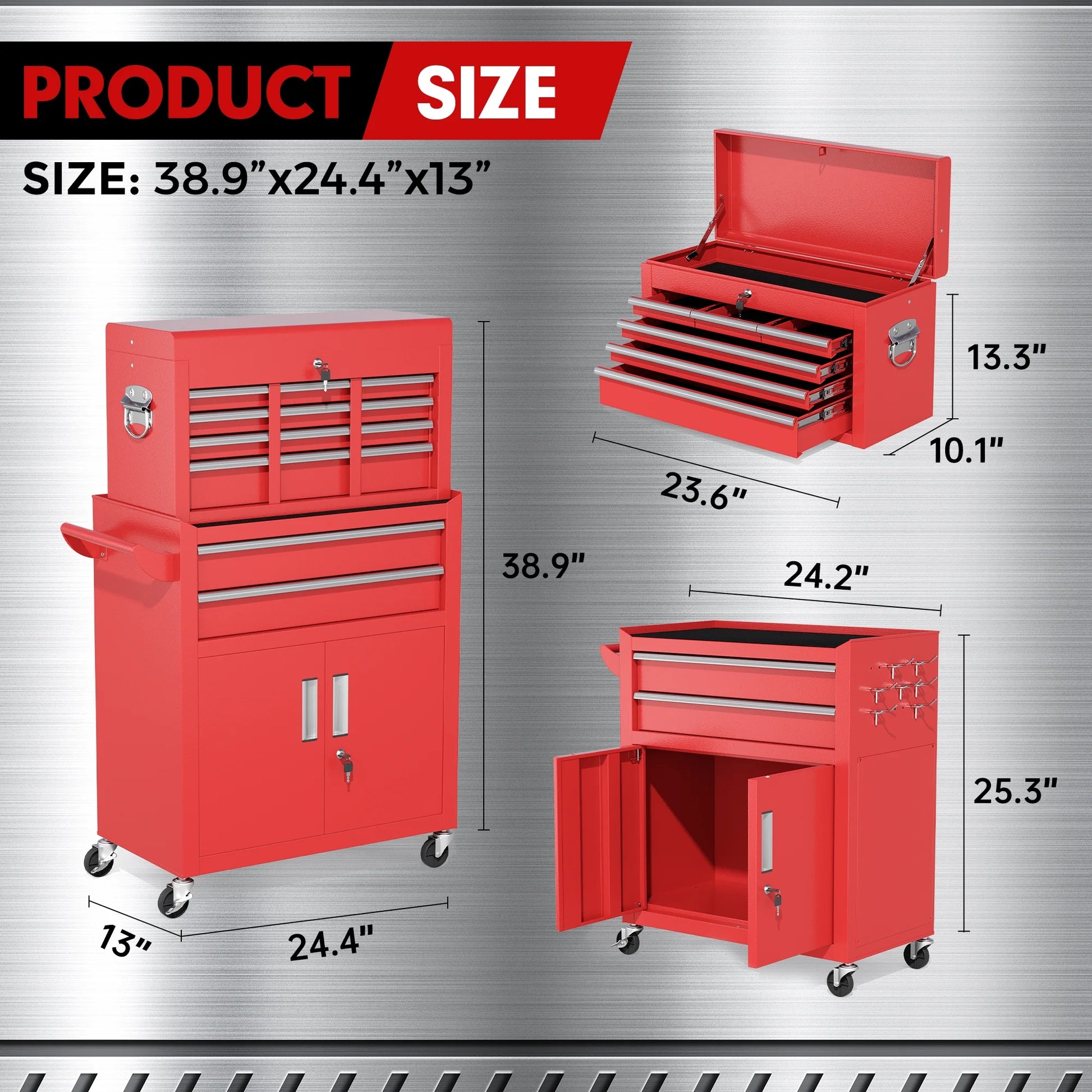 SUNCROWN Tool Chest,8-Drawer Rolling Tool Chest with Detachable Top Tool Box, Tool Chest with Universal Lockable Wheels, Metal Tool Cart for Garage, Workshop, Barbershop(Red)