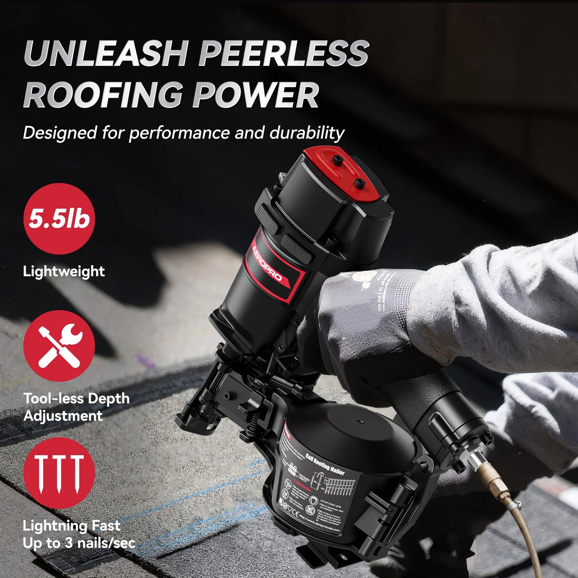AeroPro CN45N Professional Roofing Nail Gun, Air-Powered, Compatible with 15? Wire Coil Nails from 3/4" to 1-3/4", for Asphalt Roofing Projects