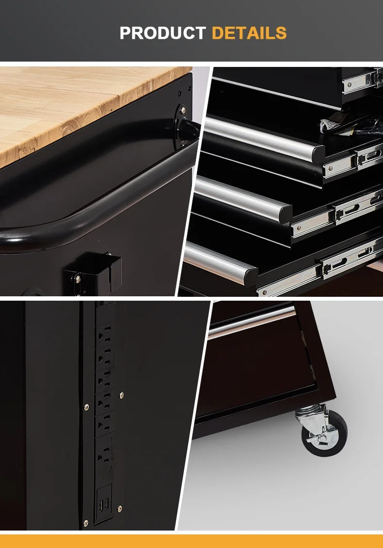 Rolling Tool Chest Extra-Deep 46In 9-Drawers, Mobile Tool Storage Cabinet/Work Bench with Wooden Top/Power Strip, Equipped with Casters, Handle, Liner, and Locking System, 1200 lbs Capacity