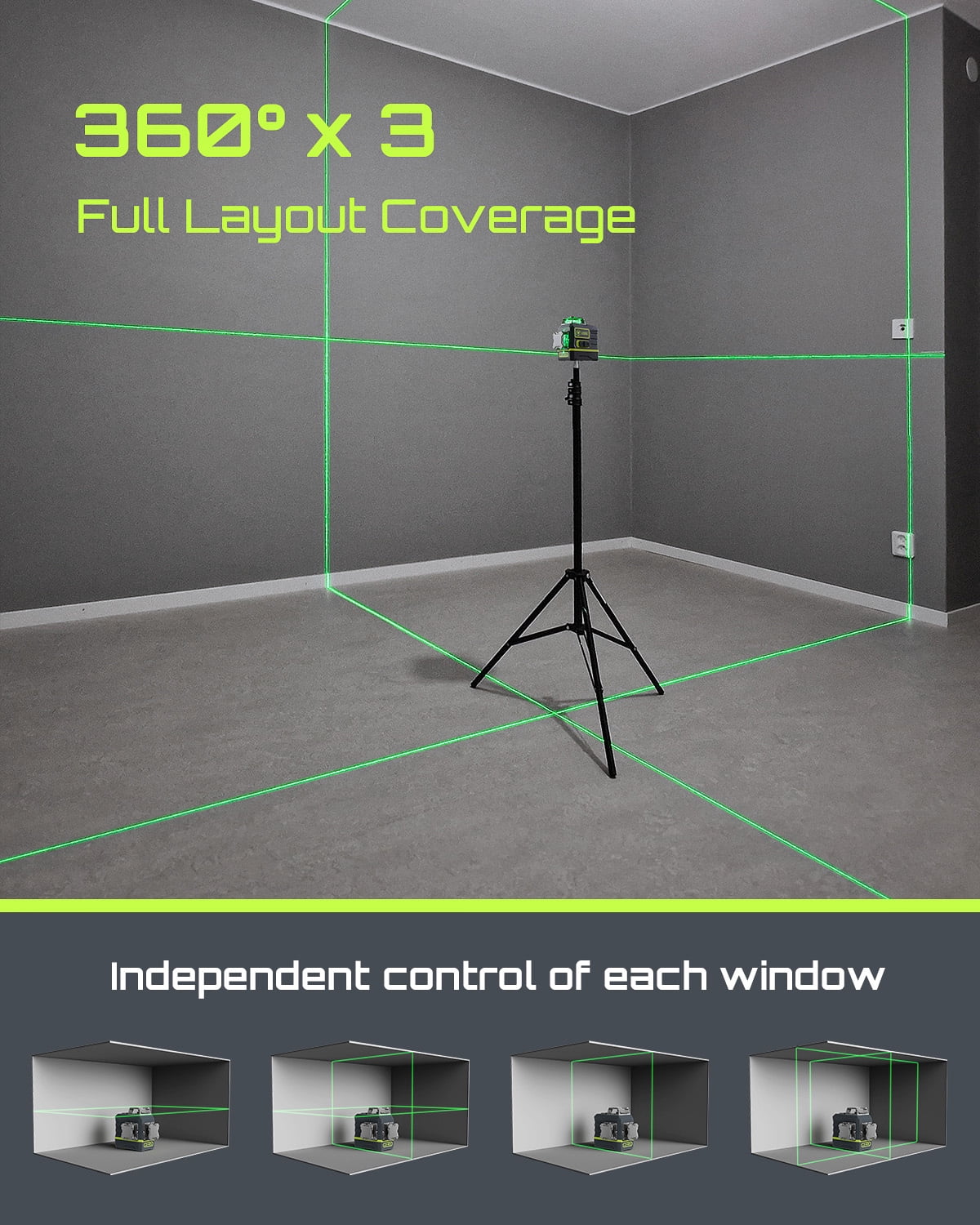 Laser Level 3x360? LASGOO with Remote Control, 2 Rechargeable Batteries, 100FT Range, 360? Magnetic Rotating Stand, IP54, 3Ds