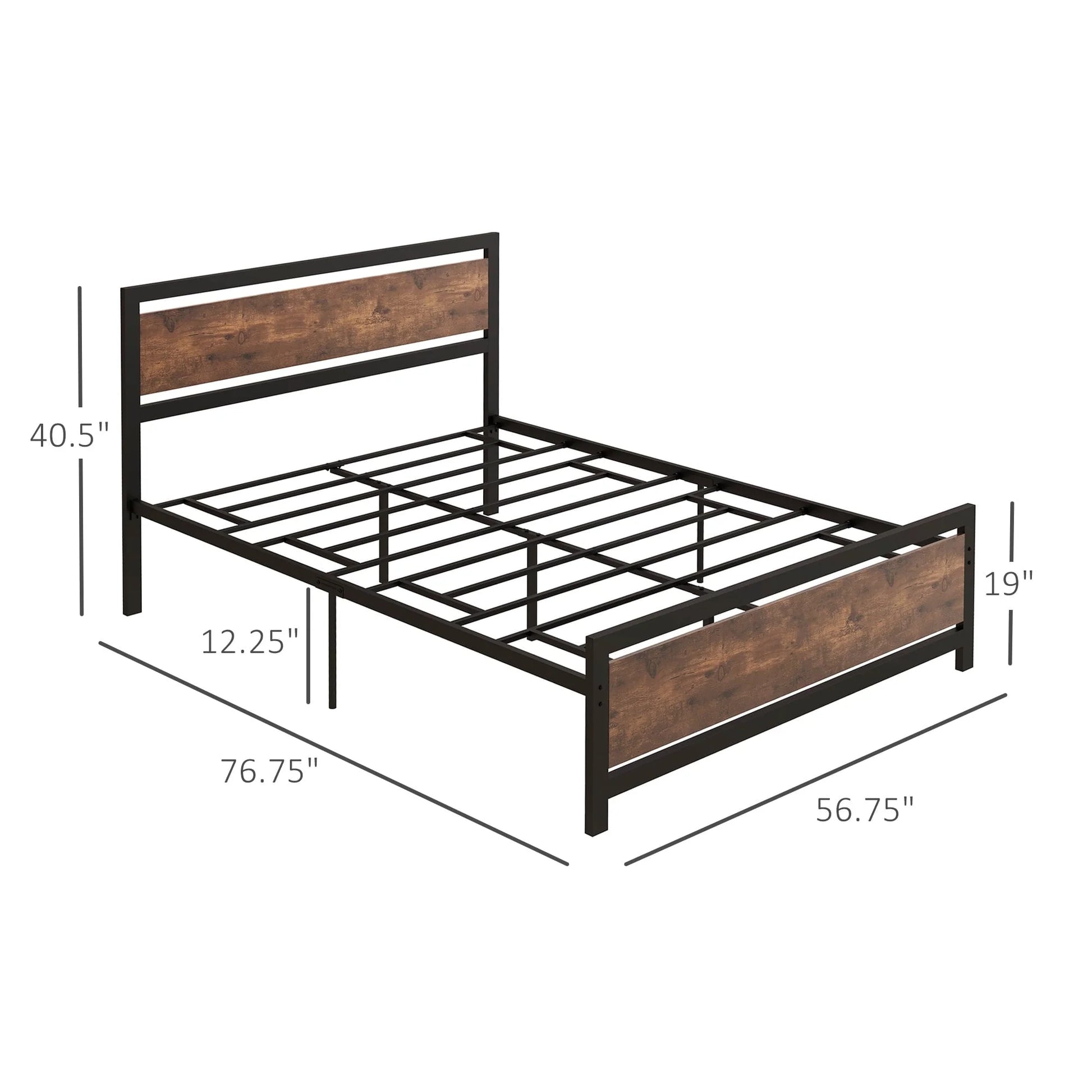 HomCom Full Platform Bed with Headboard & Footboard, Strong Metal Slat Support Bed Frame with Underbed Storage Space, No Box Spring Needed, 56.75" x 76.75" x 40.5"