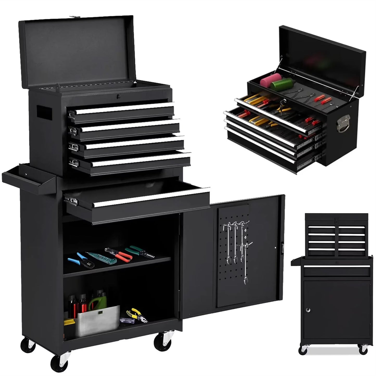 Aukfa Tool Box, 2 in 1 Steel Rolling Tool Chest & Cabinet On Wheels for Garage, 5-drawer, Blue
