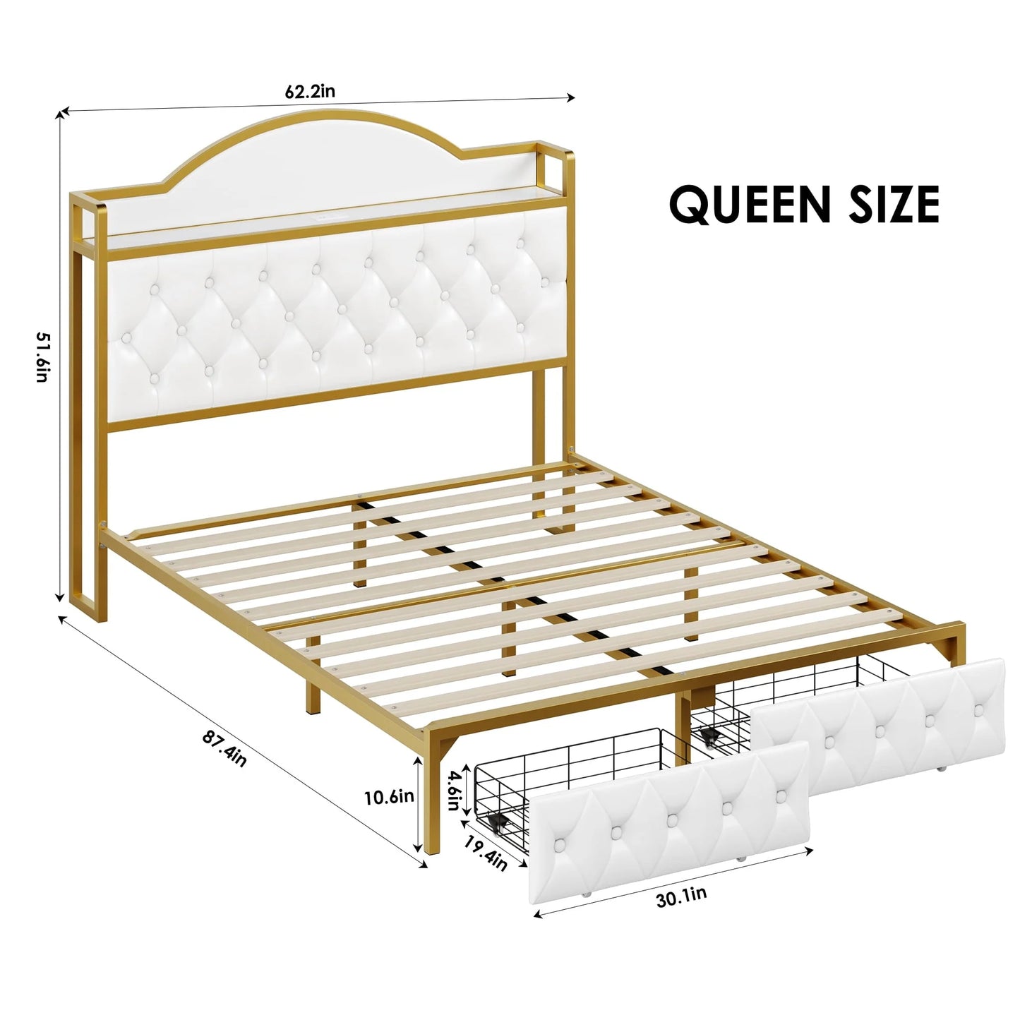 Homfa Queen Size Storage Bed with 2 Drawers, PU Leather Upholstered Bed with Shelving and Charging , White