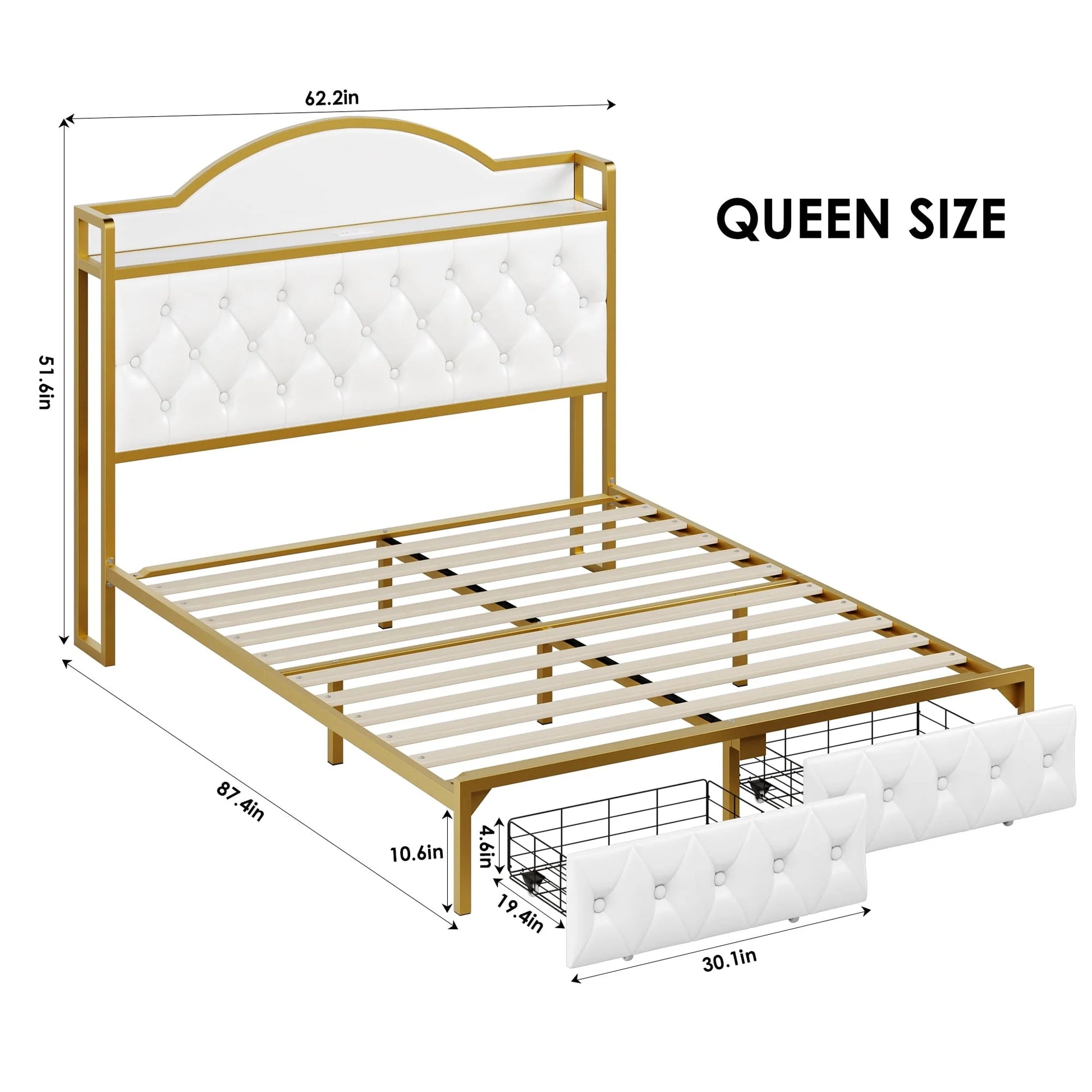 Homfa Queen Size Storage Bed with 2 Drawers, PU Leather Upholstered Bed with Shelving and Charging , White