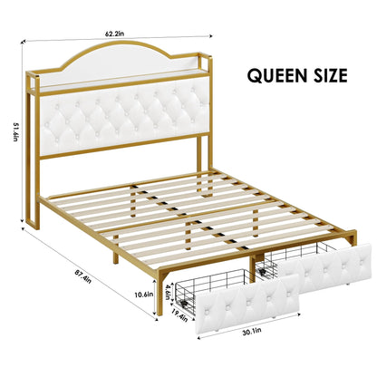 Homfa Queen Size Storage Bed with 2 Drawers, PU Leather Upholstered Bed with Shelving and Charging , White