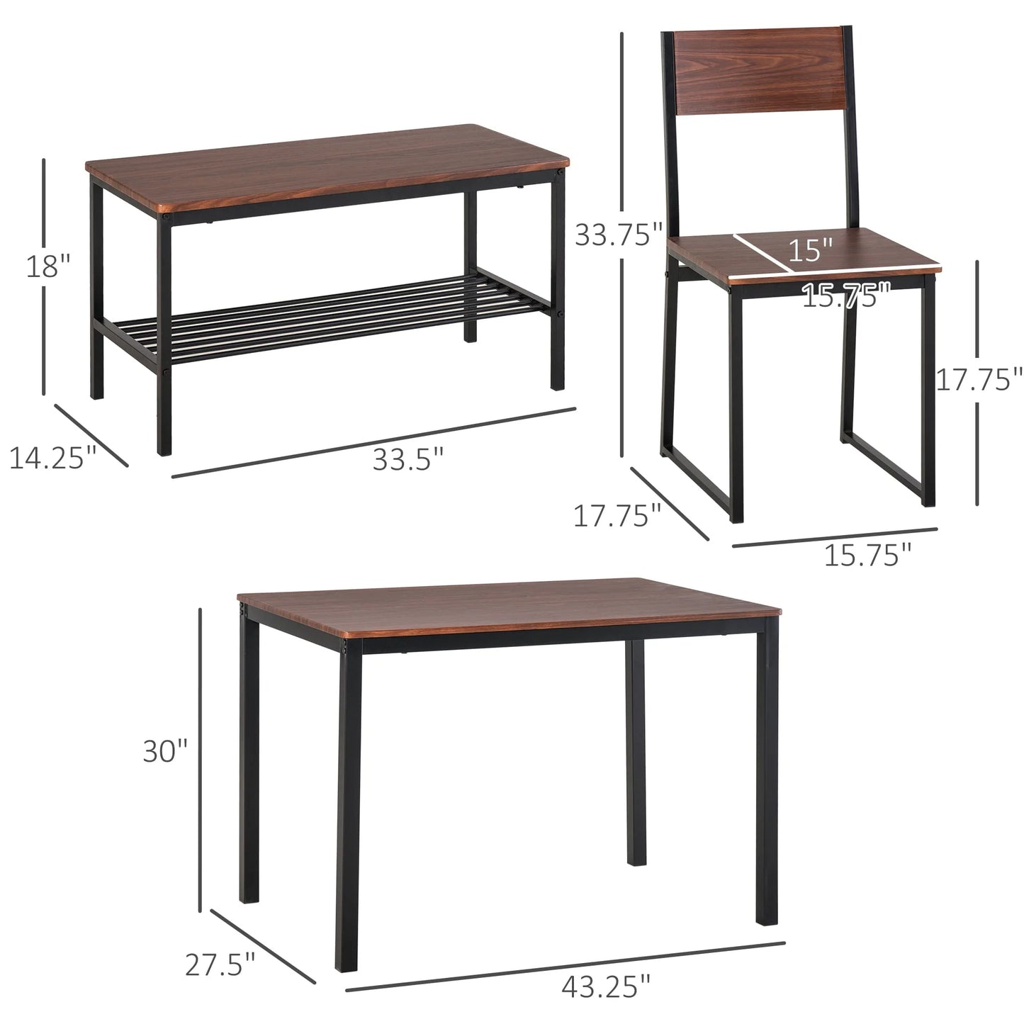 Industrial 4 Piece Dining Room Table Set with Bench Wooden Kitchen Table and Chairs w/Storage Rack