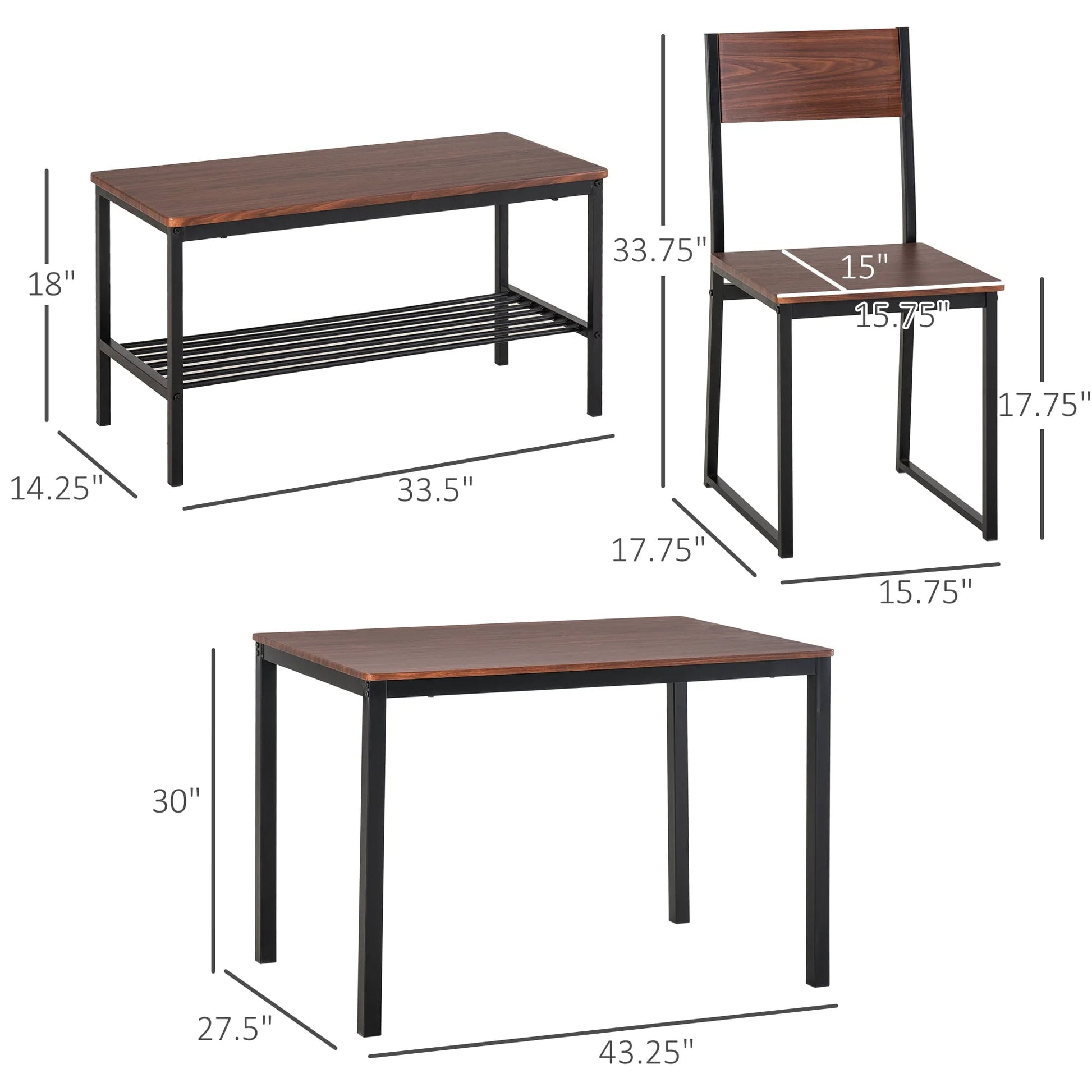 Industrial 4 Piece Dining Room Table Set with Bench Wooden Kitchen Table and Chairs w/Storage Rack