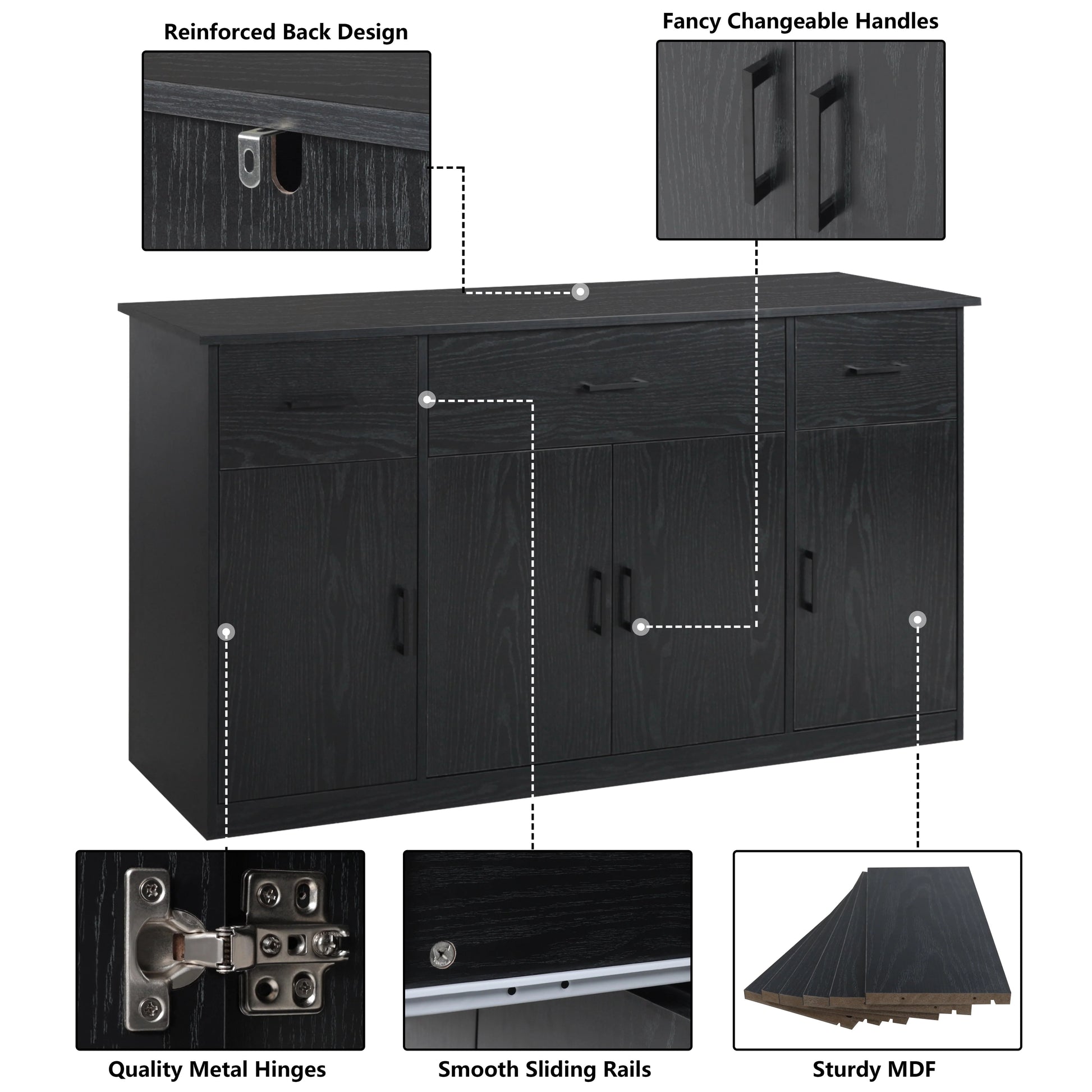 VEIKOUS Sideboard Buffet Cabinet Kitchen Cupboard Storage Cabinet with 3 Drawers and 4 Doors, Black